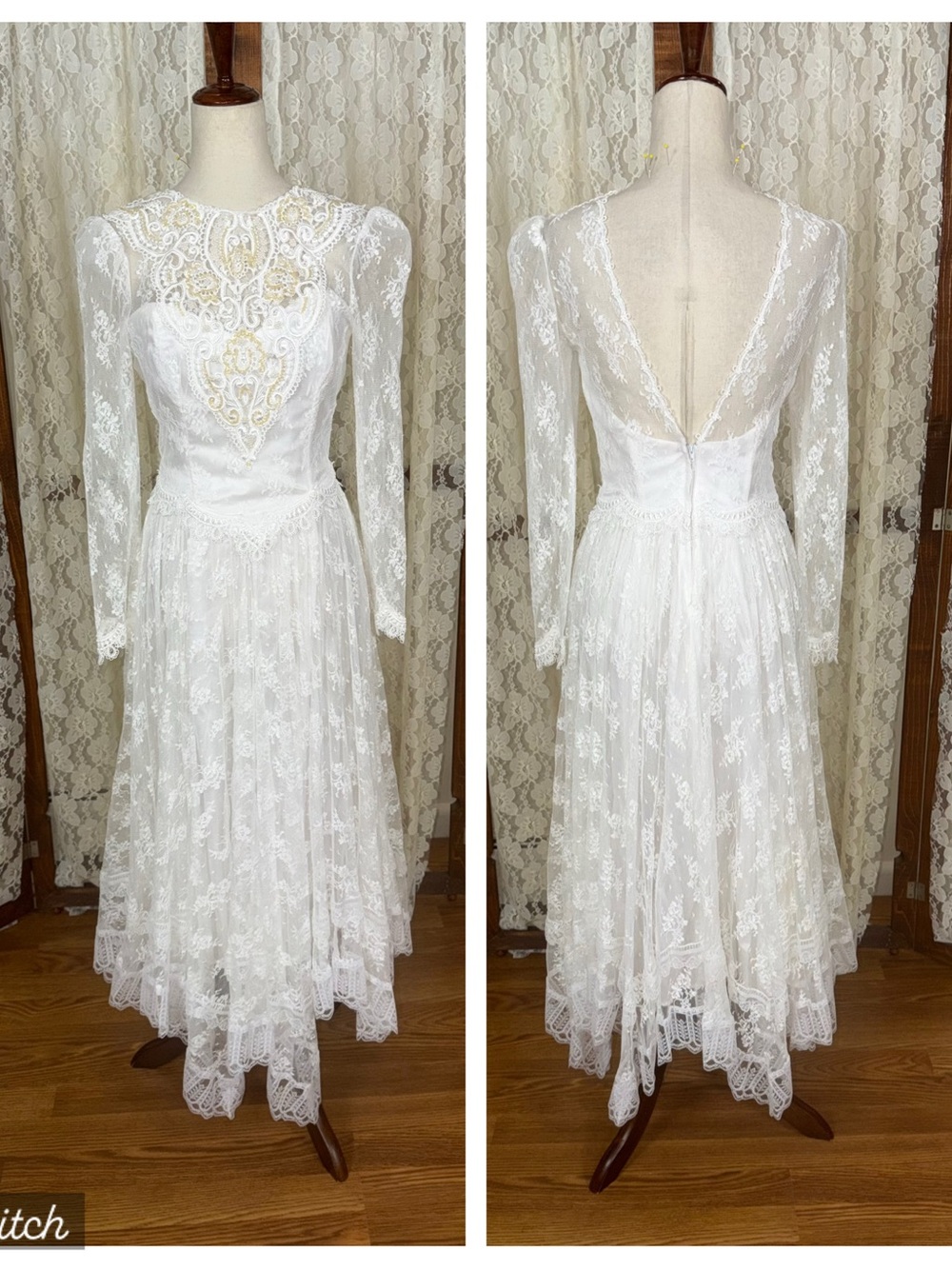 Fabulous Vintage 90s Jessica McClintock Handkerchief Hem Lace Wedding Dress